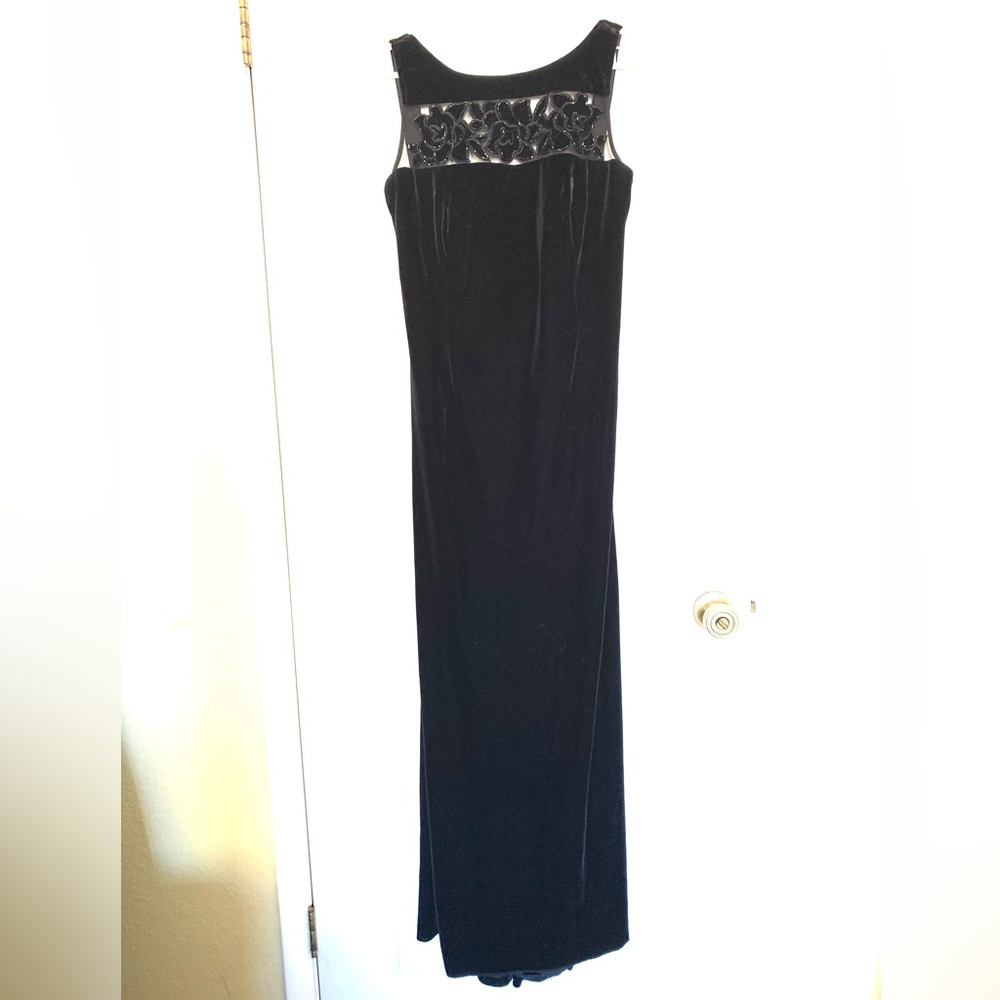 Velvet long black dress Stretch Floral Beaded Sheer Bodice. Comfy Fabric.